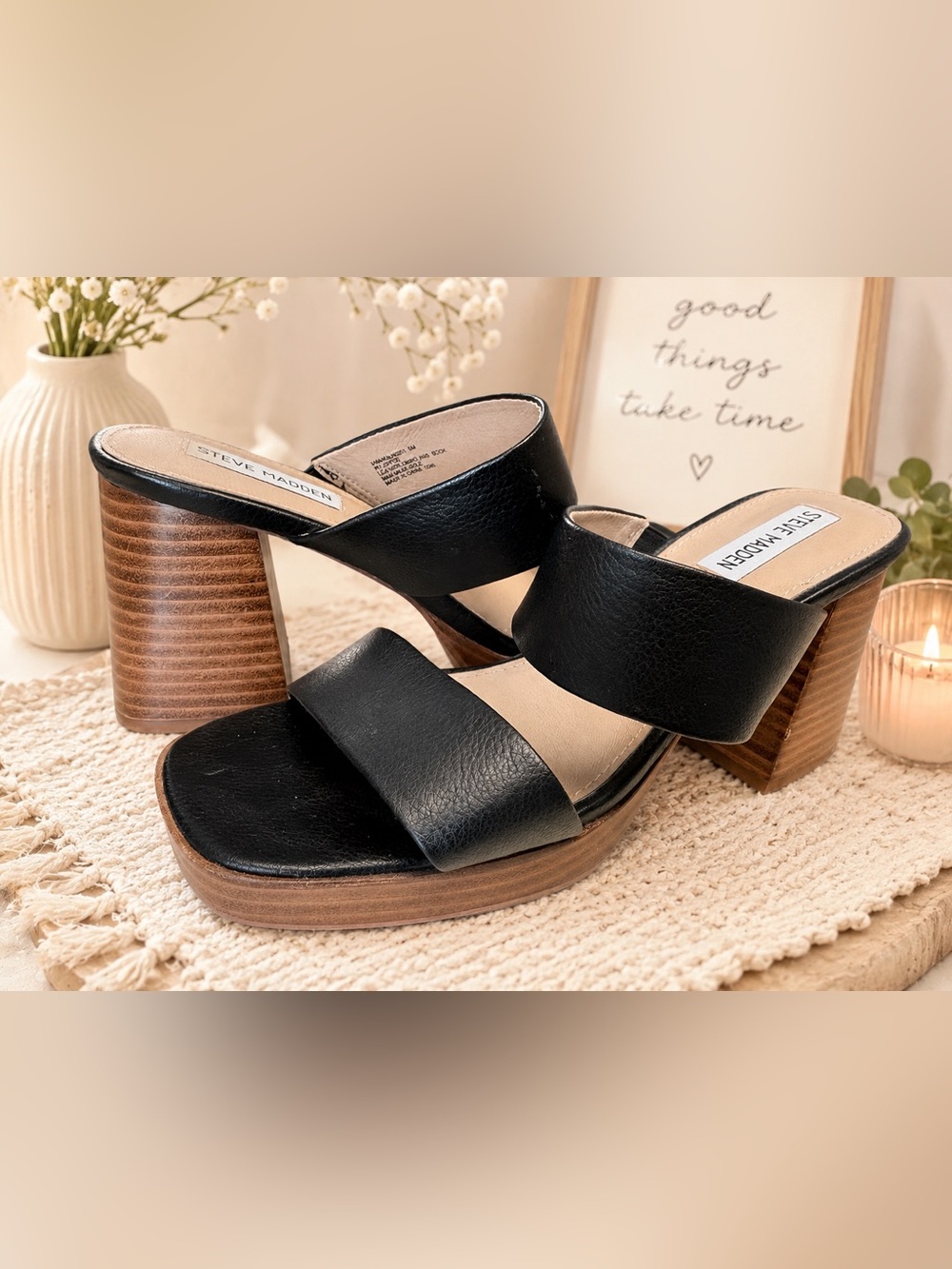 Steve Madden Black Leather Two-Band Block Heel Mules- Like New